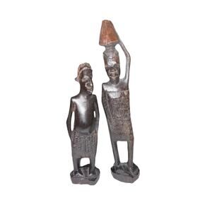 Hand Carved African Wood Sculptures Set of 2 Tribal Folk Art Figures Dark Brown